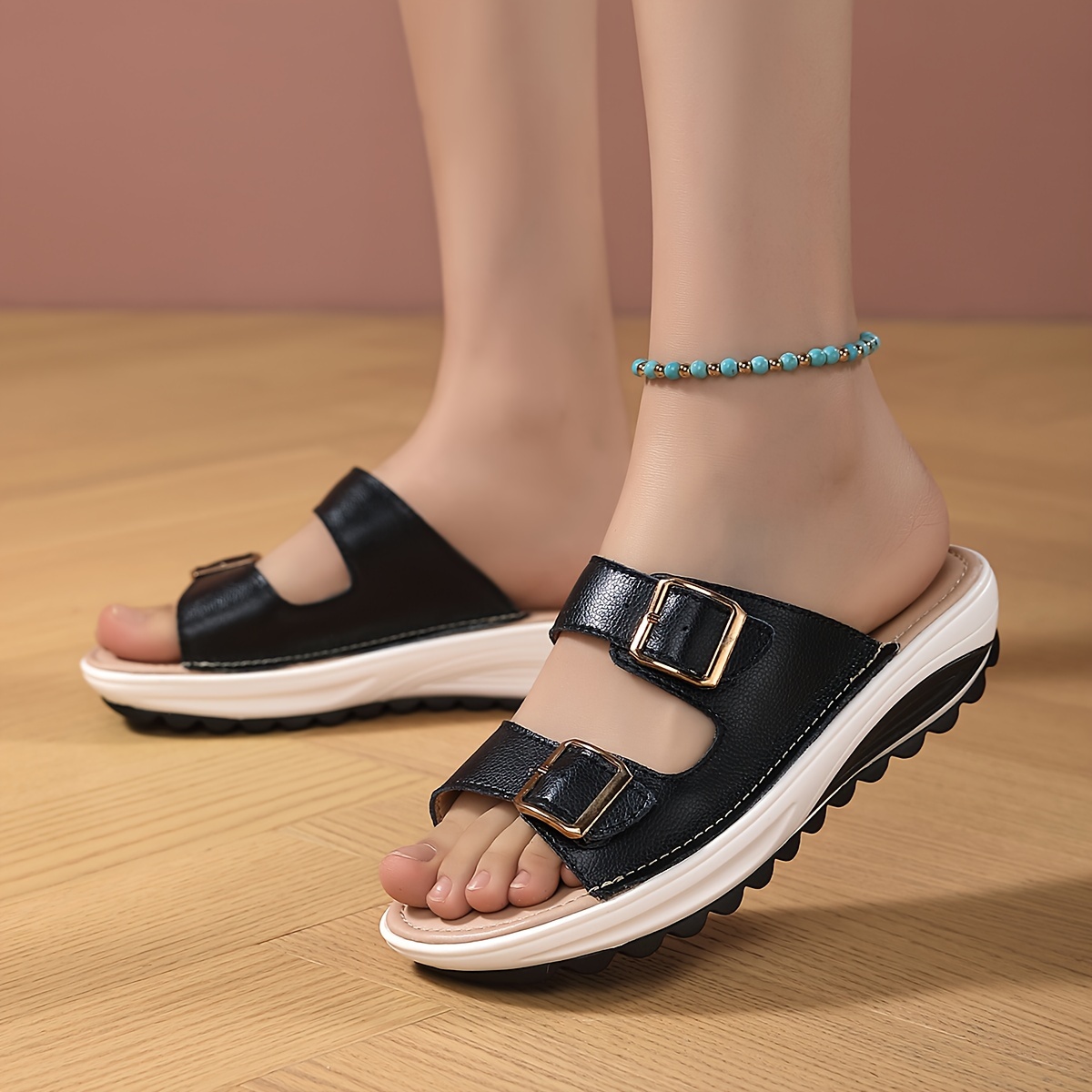 womens solid color stylish sandals soft sole platform slip on double buckle bands slides summer beach slides details 1