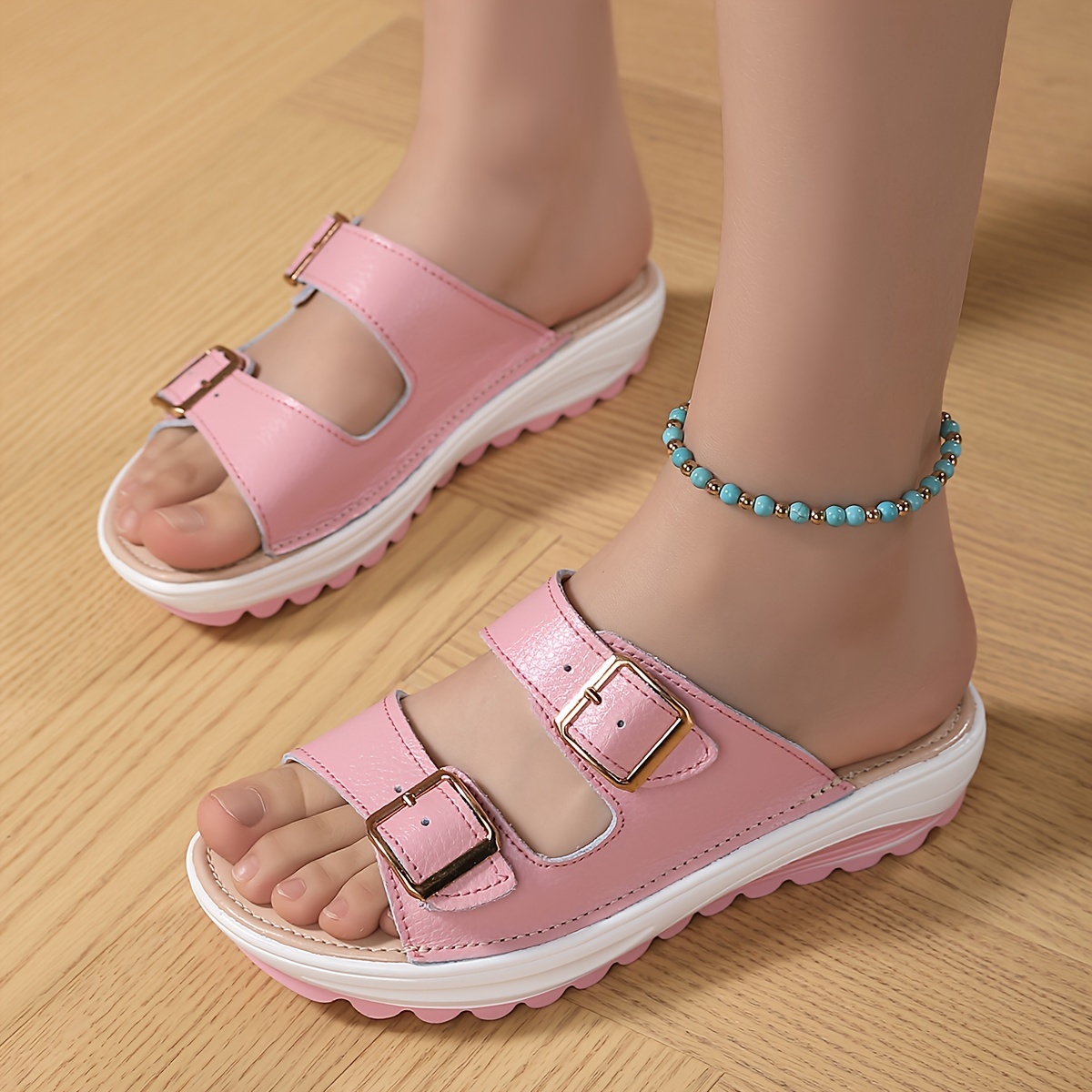 womens solid color stylish sandals soft sole platform slip on double buckle bands slides summer beach slides details 2