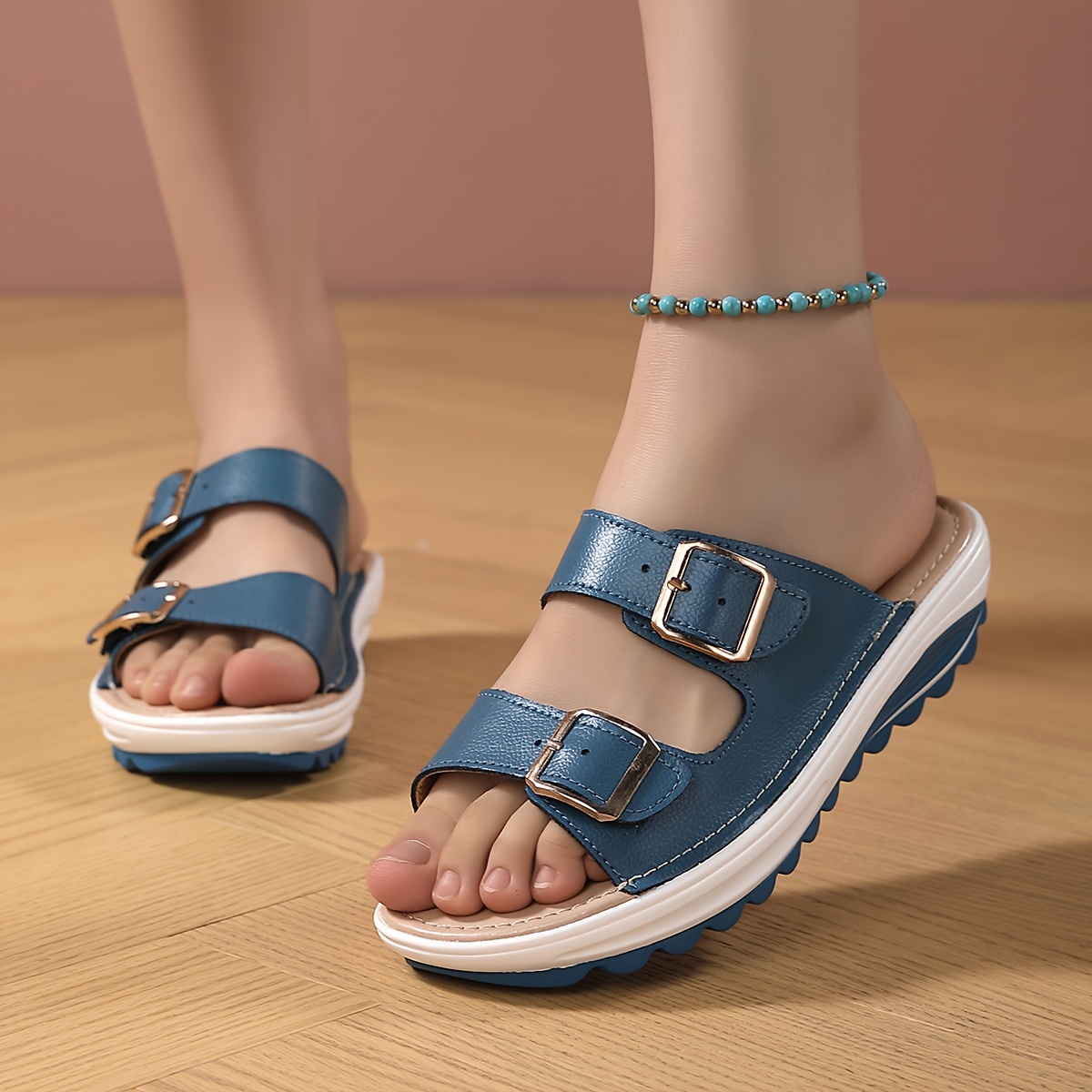 womens solid color stylish sandals soft sole platform slip on double buckle bands slides summer beach slides details 6