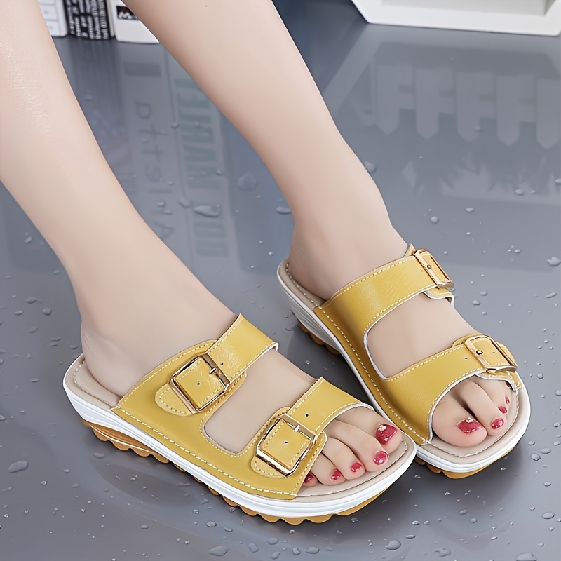 womens solid color stylish sandals soft sole platform slip on double buckle bands slides summer beach slides details 7