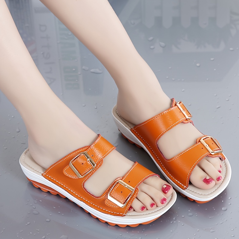 womens solid color stylish sandals soft sole platform slip on double buckle bands slides summer beach slides details 8