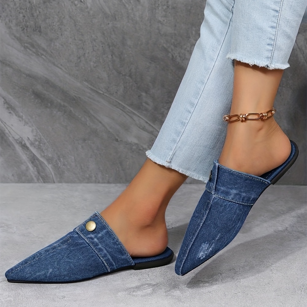 womens denim flat mules fashion pointed toe slip on non slip shoes casual outdoor slides details 0