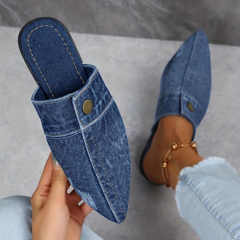 womens denim flat mules fashion pointed toe slip on non slip shoes casual outdoor slides details 1