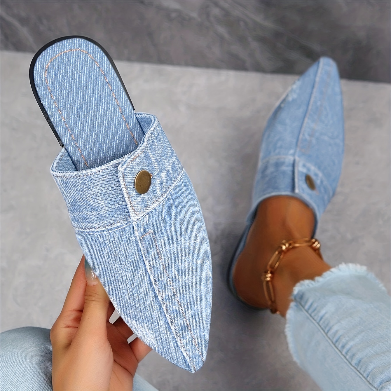 womens denim flat mules fashion pointed toe slip on non slip shoes casual outdoor slides details 6