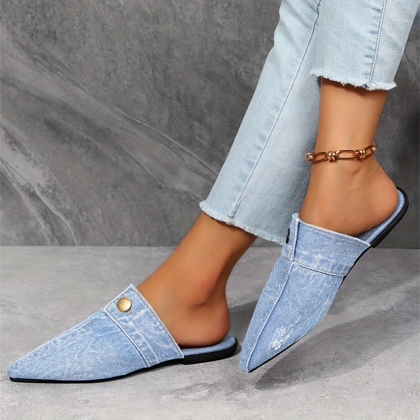 womens denim flat mules fashion pointed toe slip on non slip shoes casual outdoor slides details 7