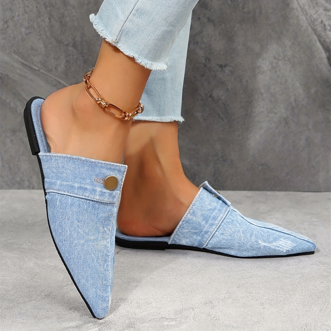 womens denim flat mules fashion pointed toe slip on non slip shoes casual outdoor slides details 8