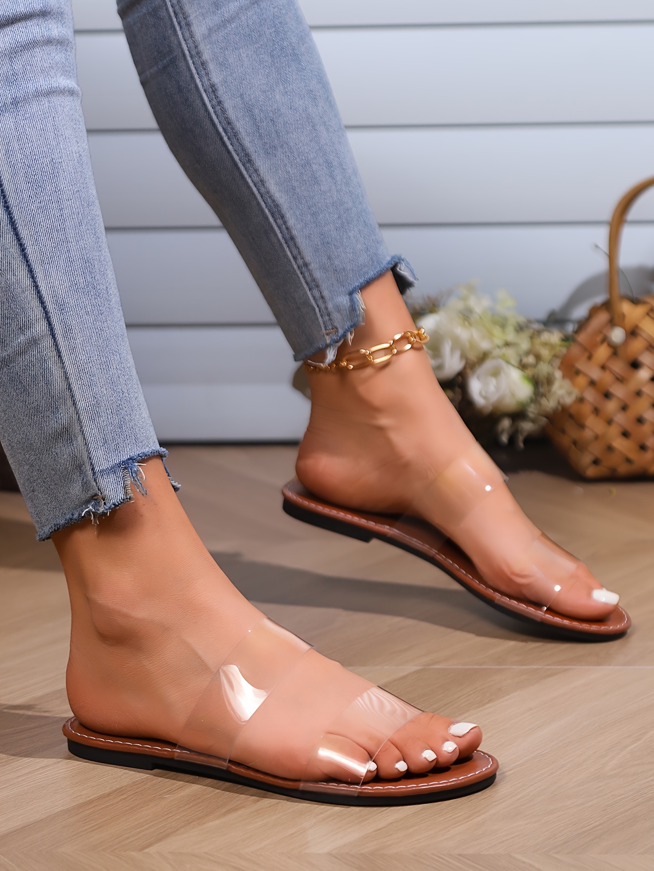 womens transparent flat slides open toe double band slip on shoes casual outside beach slide sandals details 1