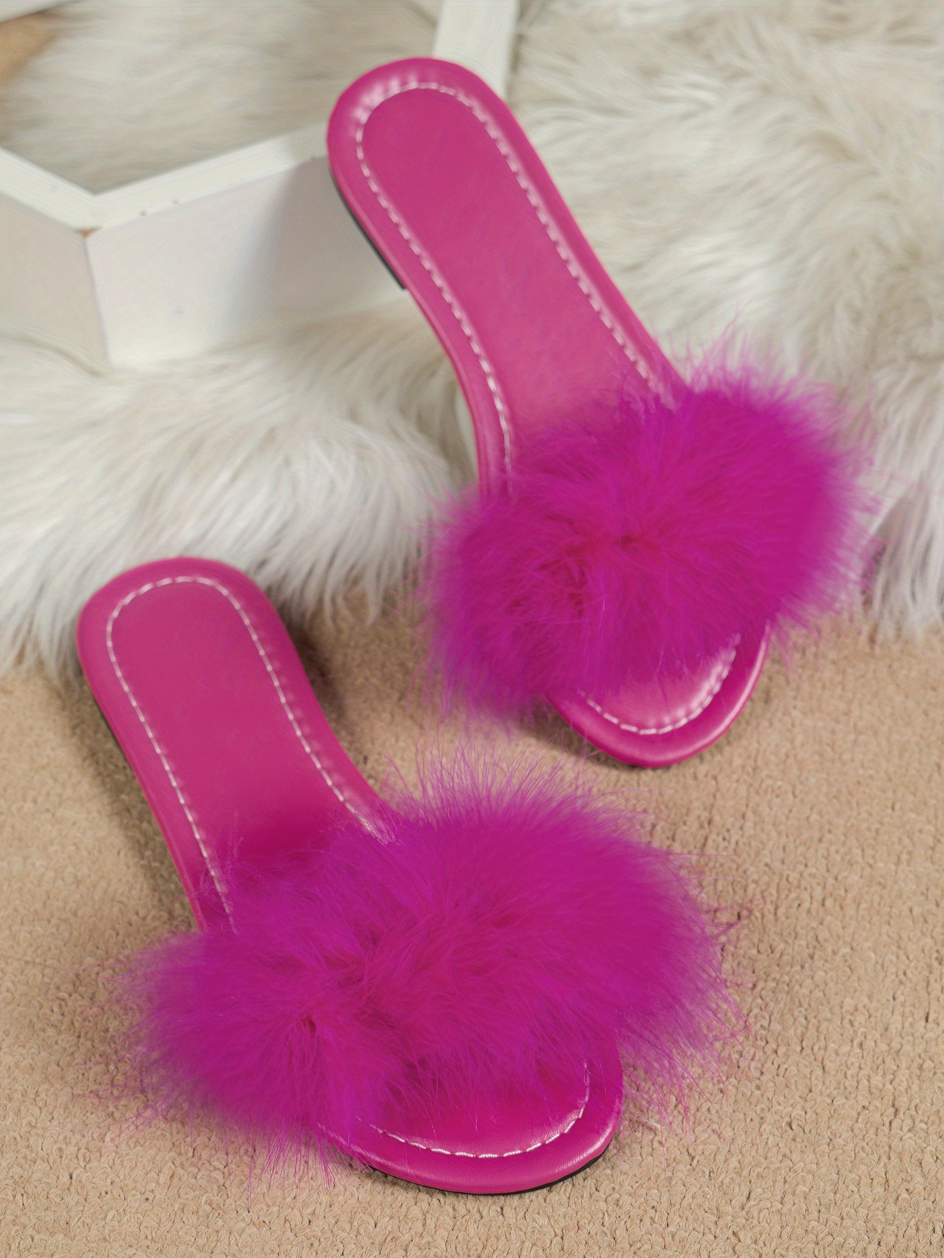 womens fluffy feather slides solid color open toe single band flats casual daily slide sandals details 0