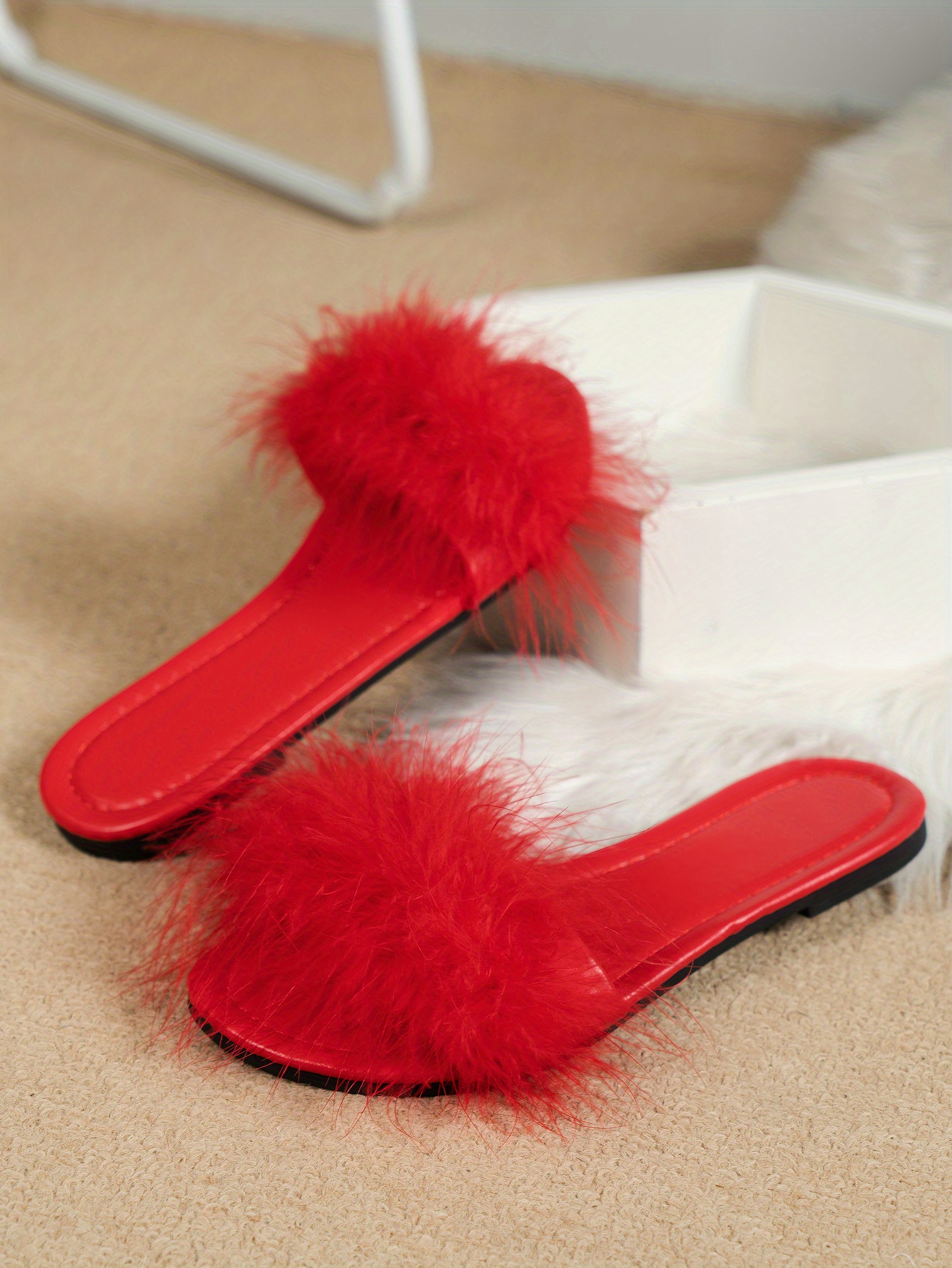 womens fluffy feather slides solid color open toe single band flats casual daily slide sandals details 2