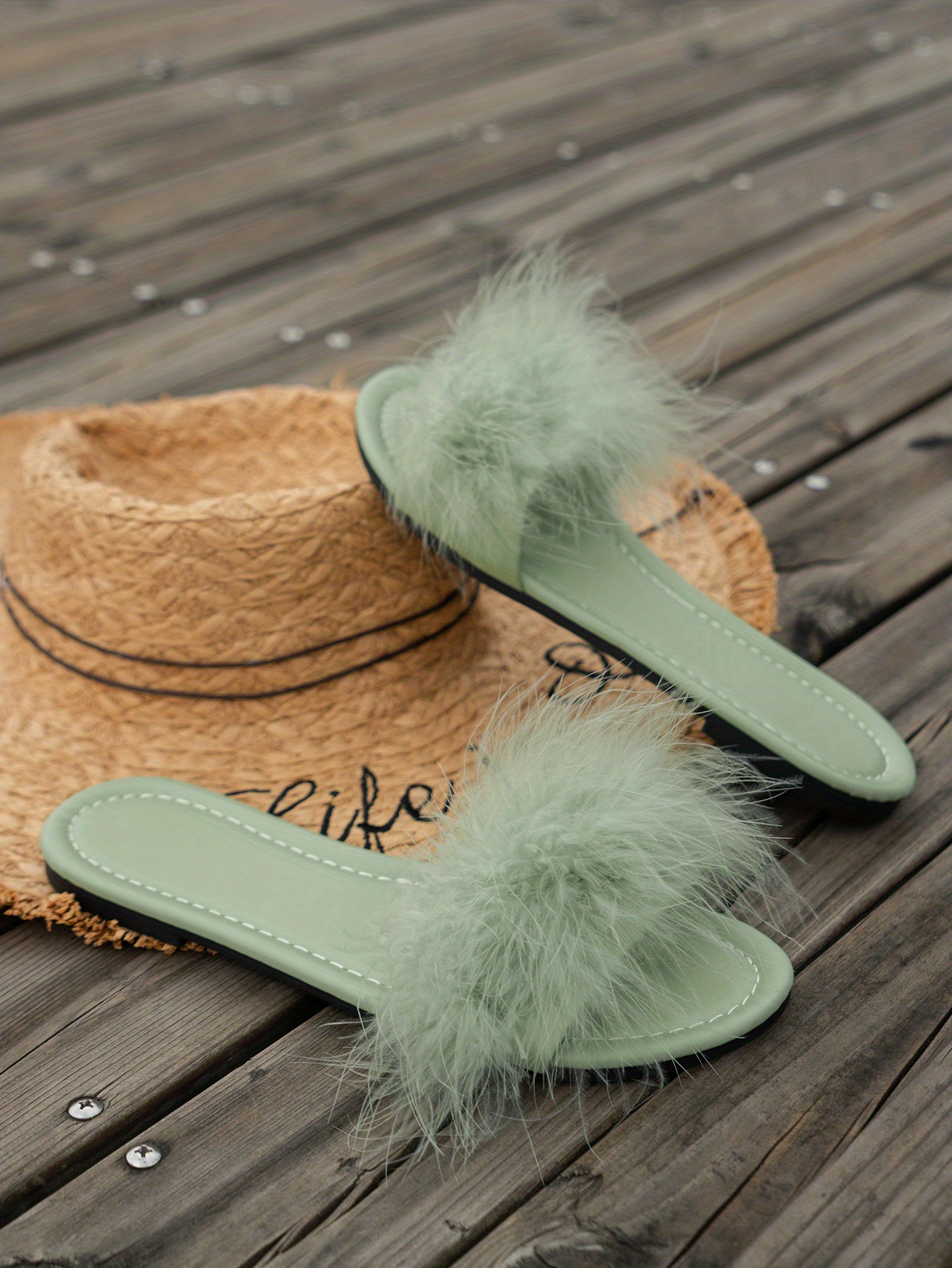 womens fluffy feather slides solid color open toe single band flats casual daily slide sandals details 12