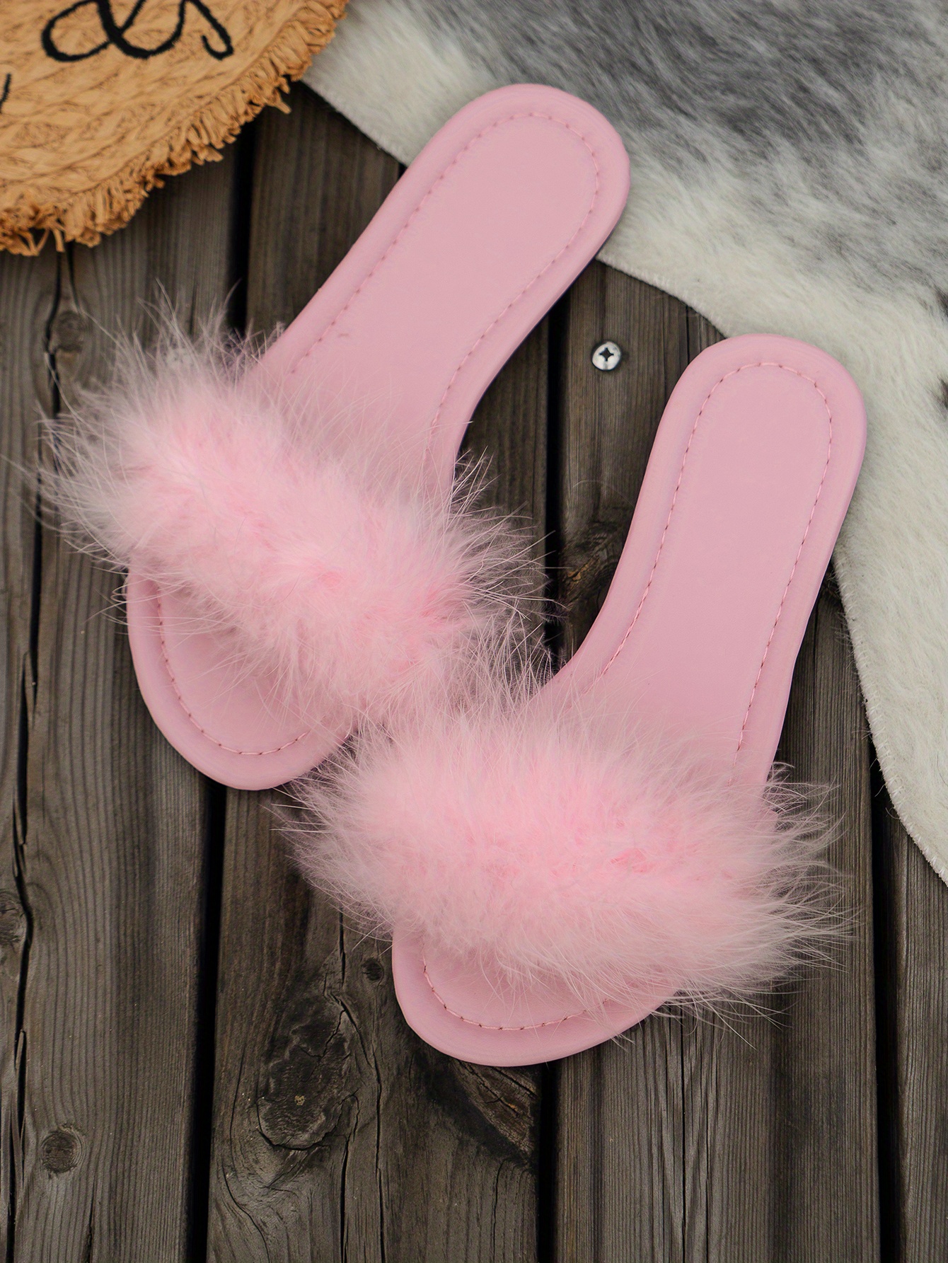 womens fluffy feather slides solid color open toe single band flats casual daily slide sandals details 16