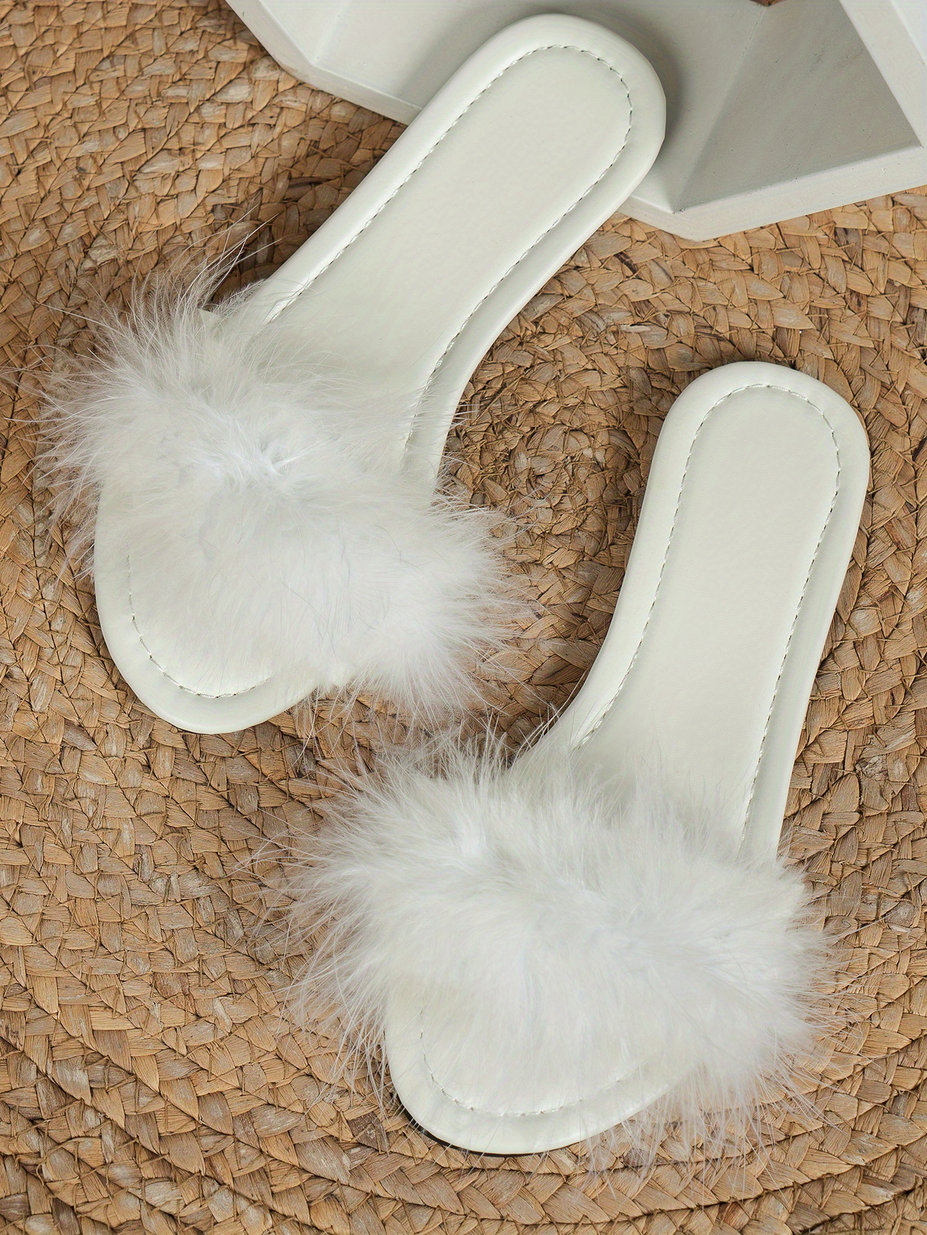 womens fluffy feather slides solid color open toe single band flats casual daily slide sandals details 18