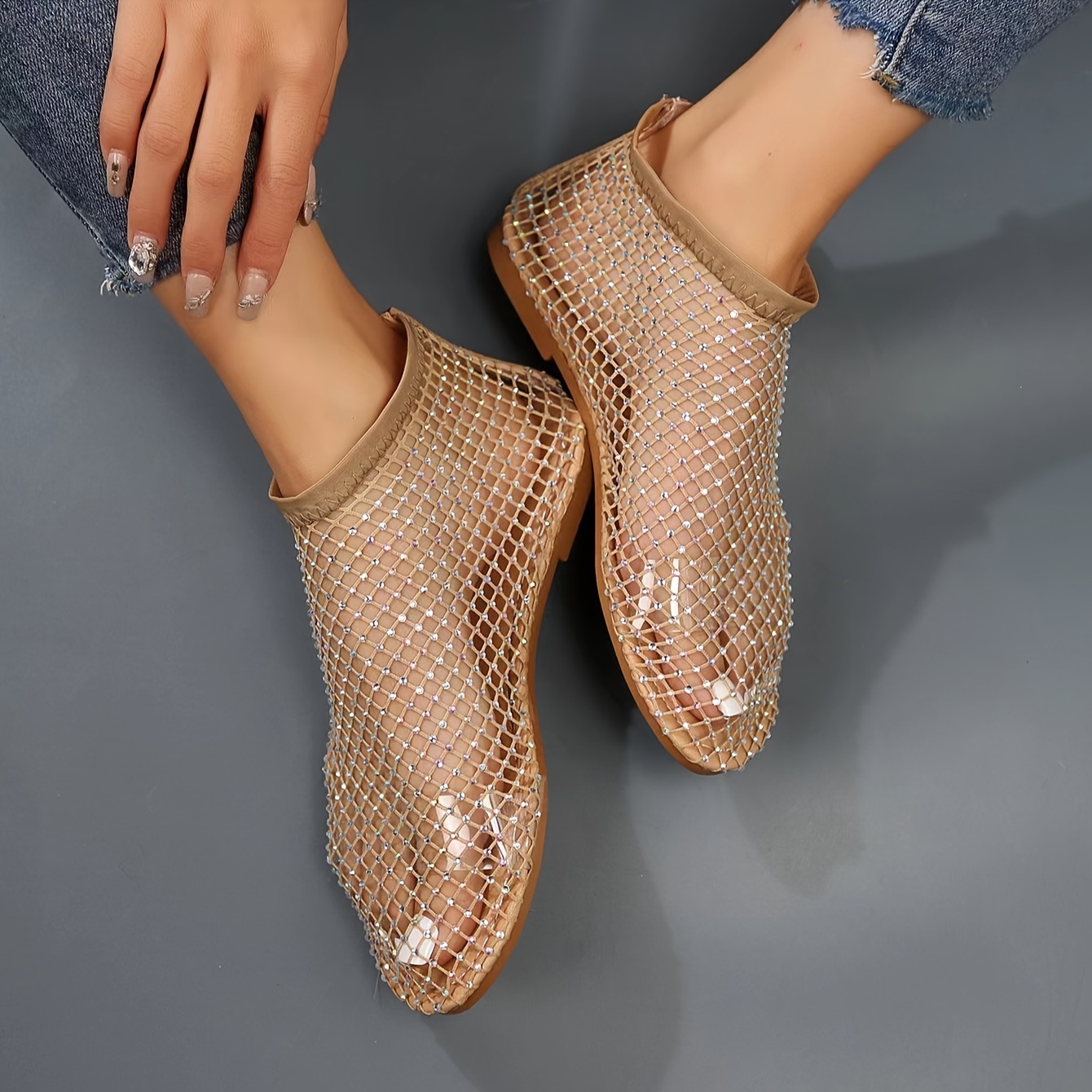 womens rhinestone mesh flat sandals fashion hollow out slip on summer shoes casual outdoor beach sandals details 3